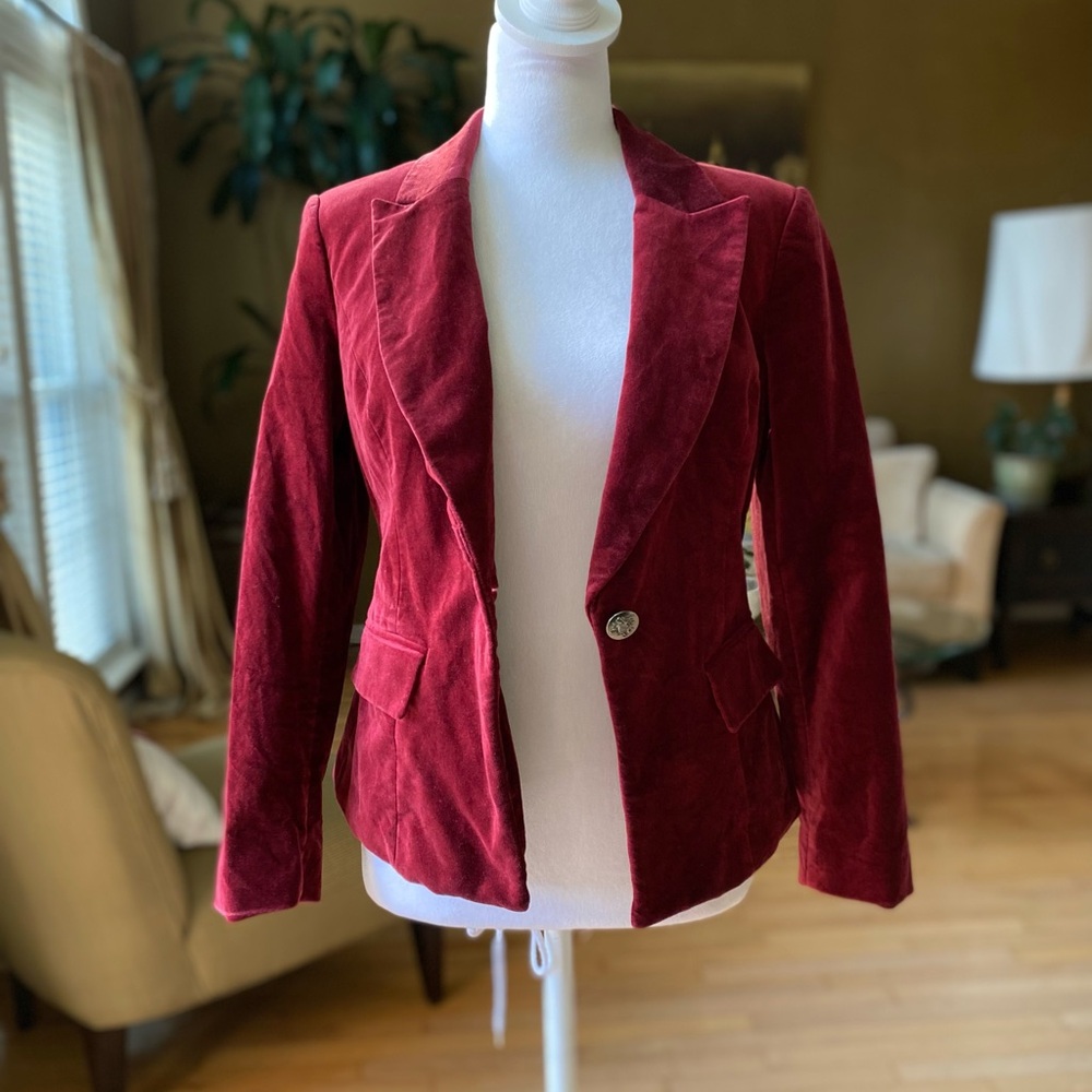 WHBM Burgundy Velvet Blazer Single Button Notch Lapel Fitted Velvet Jacket 4P - Picture 3 of 15